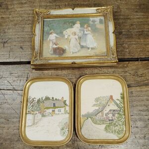 Lot 3 Vintage Art Prints Cathy Needlecraft Embroidered Wooden Gold Frames Family